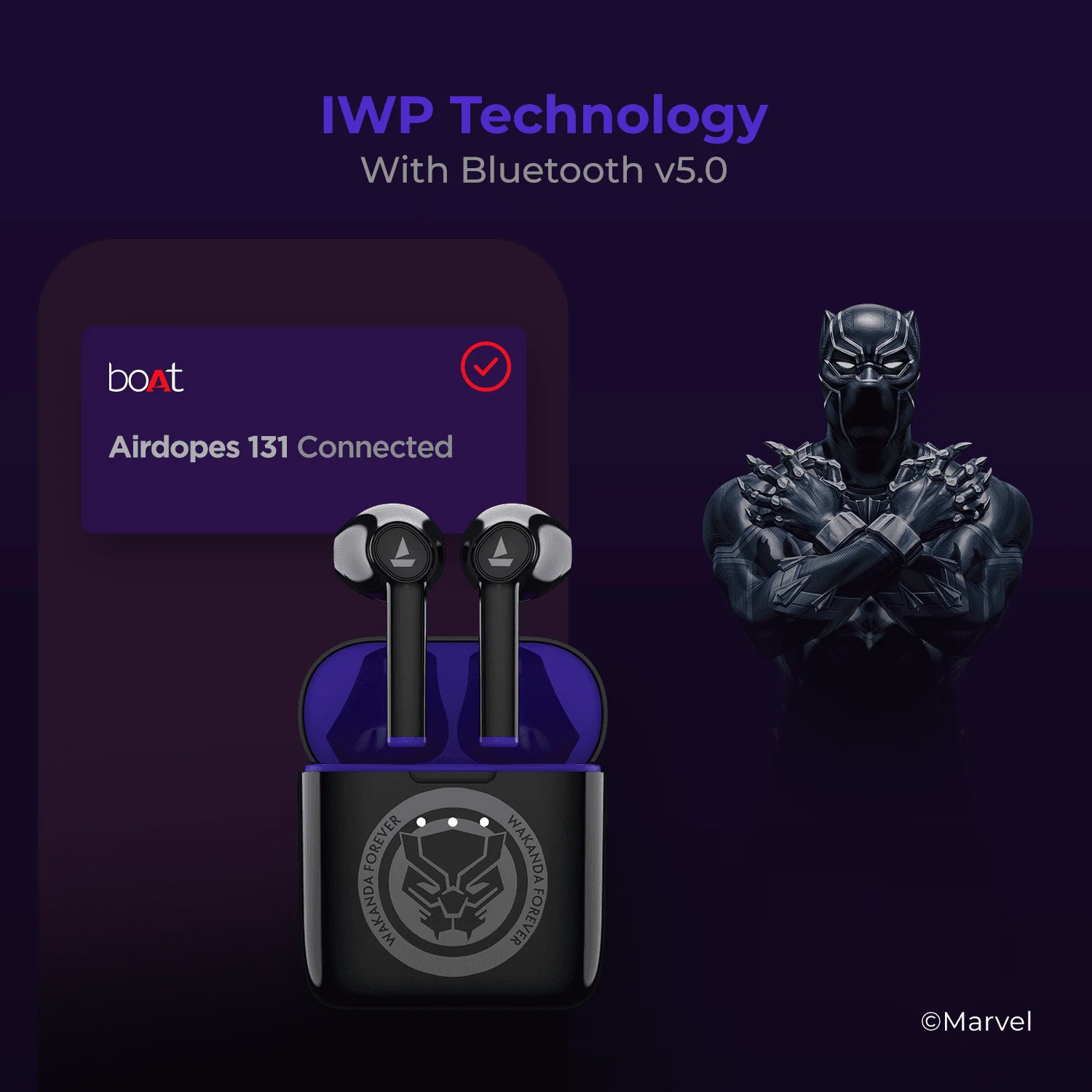 boAt Airdopes 131 Black Panther Marvel Edition | Wireless Earbuds with 13mm Audio Drivers, IWP Technology with Bluetooth v5.0, Type-c Charging, Upto 60 Hours Playback - Image 4