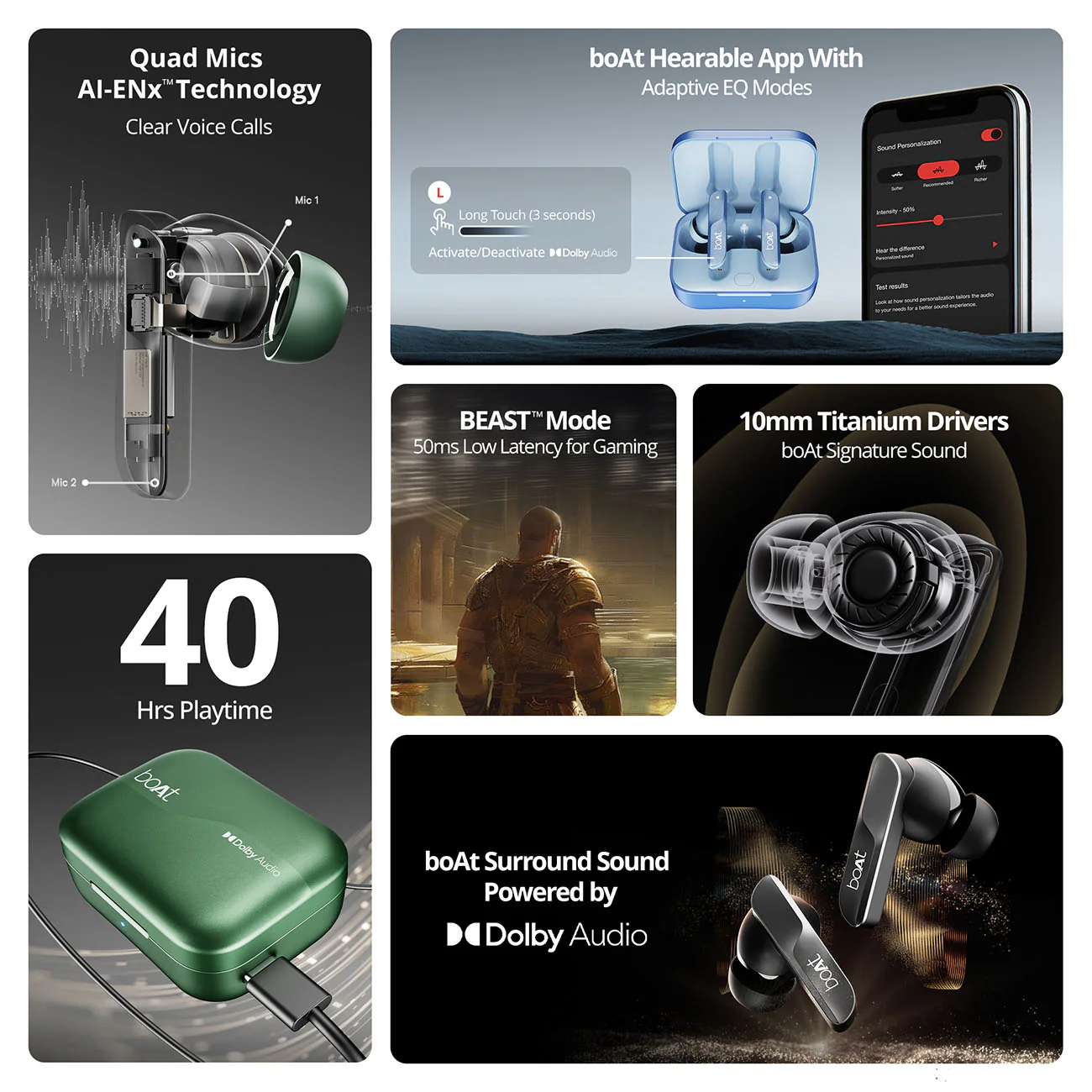boAt Airdopes 800 | Wireless Earbuds with 40 Hours Playback,Dolby Audio,  BEAST™ Mode, ASAP™ Charge, ENx™ Technology - Image 14